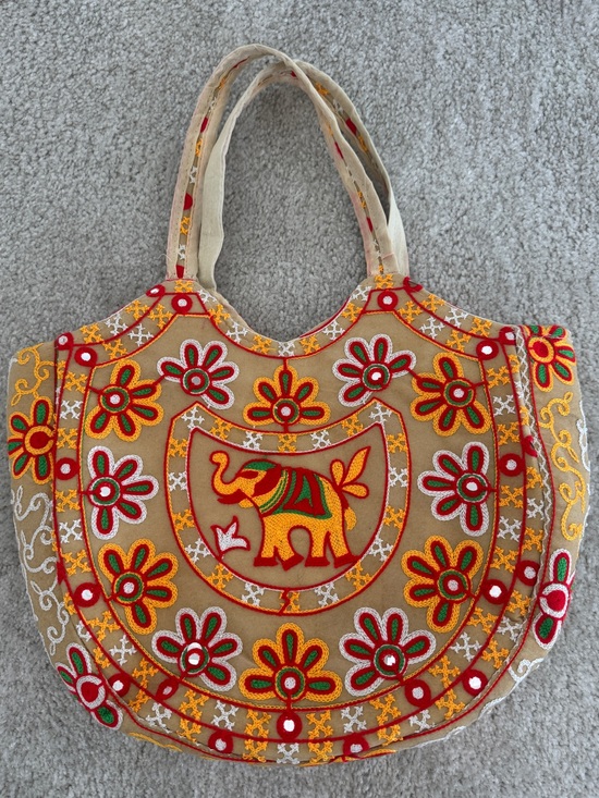 None Handbags - Handcrafted Embroidered Tan/Multi Tote Bag with Flowers & Elephant Motif, New
